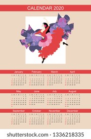 2020 Calendar design with flamenco dancer girl with a flowered shawl and fan. Week starts on sunday.