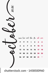 2020 Calendar Design. Month October. 2020 Calendar Artwork. Design Template Set 12 pages.