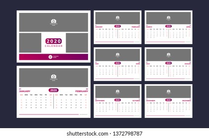 2020 Calendar design. simple purple and red color. week starts on sunday. set of 6 calendar with cover pages. vector design print template with place for photo. 