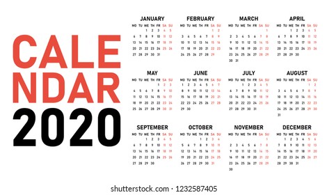 2020 Calendar Design Template Vector Illustration Simple Clear Week Start on Monday