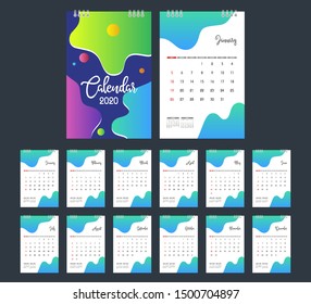 2020 Calendar. Desk Calendar modern design template. Week starts Sunday. A5 or A4 paper size. Vector illustration.