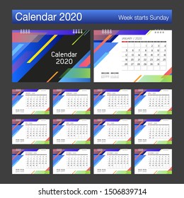 2020 Calendar. Desk Calendar modern design template. For new year, holiday event, planner, diary. Week starts Sunday. A5 or A4 paper size. Vector illustration.