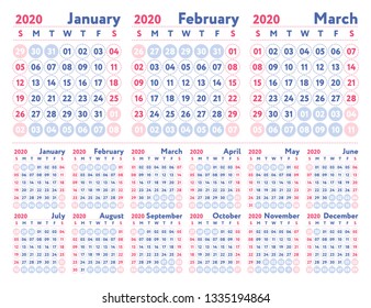 2020 calendar. English calender. Color vector template. Week starts on Sunday. Business planning. New year planner. Design