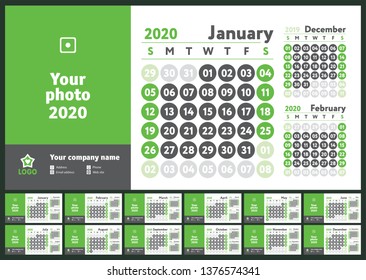 2020 calendar. English calender. Green color vector template. Week starts on Sunday. Business planning. New year planner. Design