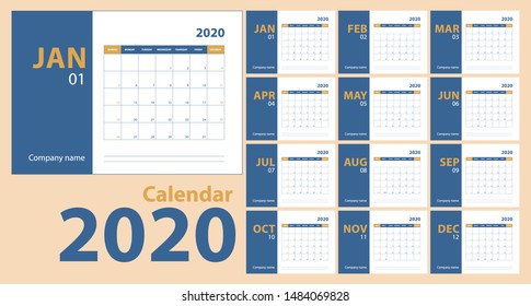 2020 calendar. English planner. Сolor vector design template. Week starts on Sunday. Business planning