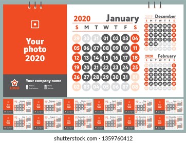 2020 calendar. English wall calender. Color vector template. Week starts on Sunday. Business planning. New year planner. Design