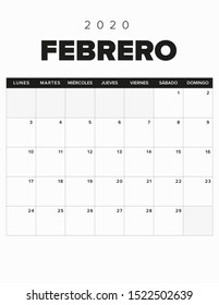 2020 Calendar February, Black and white. Spanish