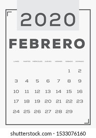 2020 Calendar february, Gray and white. Spanish