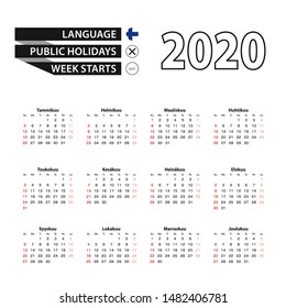 2020 calendar in Finnish language, week starts from Sunday. Vector Illustration.