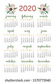 2020 calendar with flowers, A4 format, printable page for notebook, organiser, book.