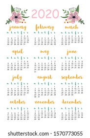 2020 calendar with flowers, A4 format, printable page for notebook, organiser, book.