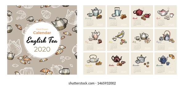 2020 calendar food and tea art vector set. Tea party sketched calendar. Set 12 month pages. Teapots, cups, cookies hand drawn vector illustration for tea, coffee shop, restaurant months 2020 template.