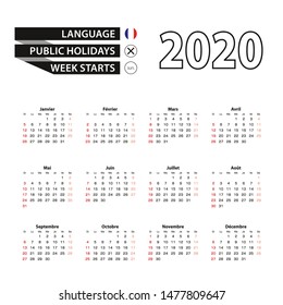 2020 calendar in French language, week starts from Sunday. Vector Illustration.