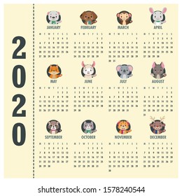 2020 calendar with funny cartoon animals