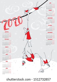 2020 calendar with funny mice, year of the rat according to the eastern calendar, rat, mouse, mouse, rats, fun, funny, vector, illustration, climb, calendar, snow, winter, snowdrifts, holiday, fun.