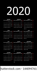 2020 calendar grid. Black, pocket. Week starts on Monday