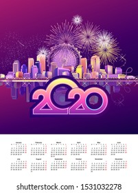 2020 calendar grid in English, night festive neon glowing city, vertical vector illustration