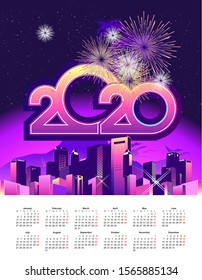 2020 calendar grid in English, night festive neon glowing city, vertical vector illustration