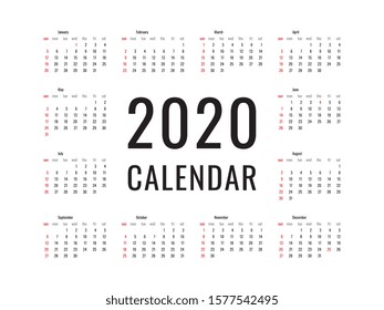 2020 calendar grid template. black numbers and letters on white background. simple vector organizer easy to edit and customize. eps 10