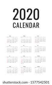 2020 calendar grid template. black numbers and letters on white background. simple vector organizer easy to edit and customize. eps 10