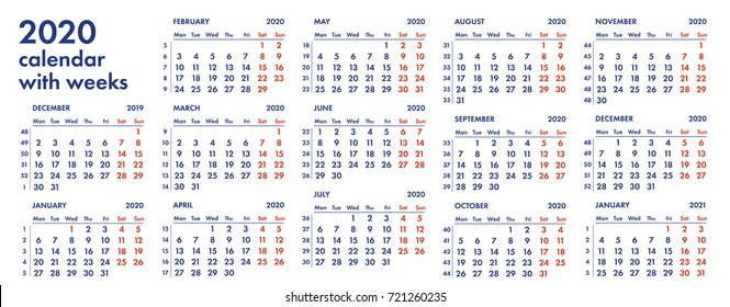 2020 calendar grid with weeks numbers vector illustration isolated on white background. For english quarterly templates design or calendar pages.