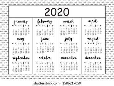 2020 calendar with hand drawn monochrome, sketched elements, A4 format, printable page for notebook, organiser, book.