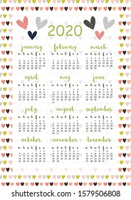 2020 calendar with hearts, A4 format, printable page for notebook, organiser, book.
