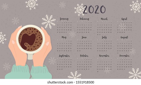 2020 calendar and illustration of female hands with a coffee mug.