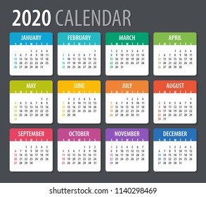 2020 Calendar - illustration. Template. Mock up Week starts Sunday