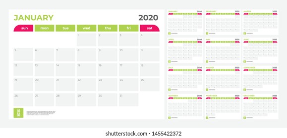 2020 Calendar - illustration. Template. Mock up Week starts Sunday