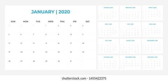 2020 Calendar - illustration. Template. Mock up Week starts Sunday