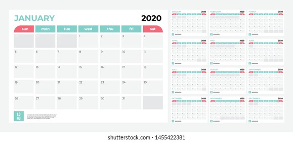 2020 Calendar Illustration Template Mock Week Stock Vector (Royalty ...