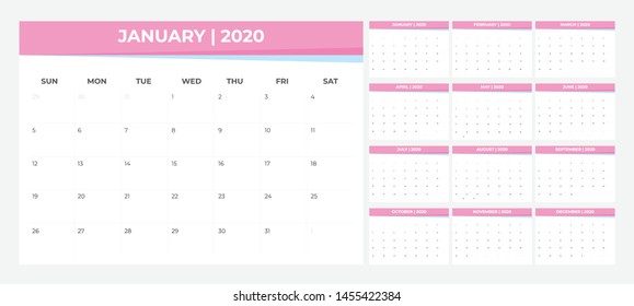 2020 Calendar - illustration. Template. Mock up Week starts Sunday