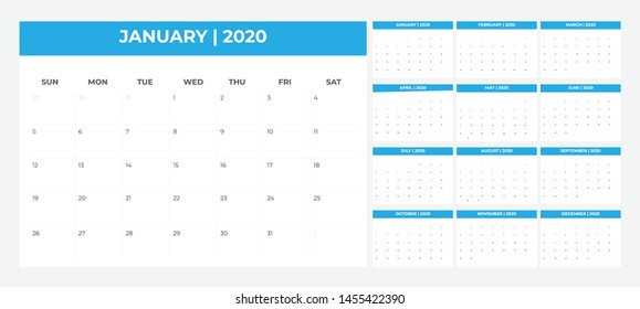 2020 Calendar - illustration. Template. Mock up Week starts Sunday