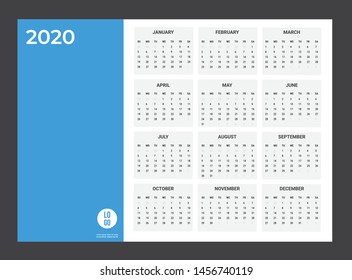 2020 Calendar - illustration. Template. Mock up Week starts Sunday