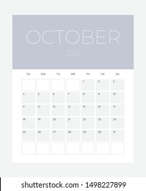 2020 Calendar - illustration. Template. Mock up Week starts Sunday