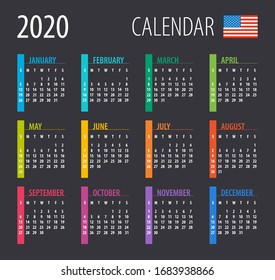 2020 Calendar - illustration. Template. Mock up. American version