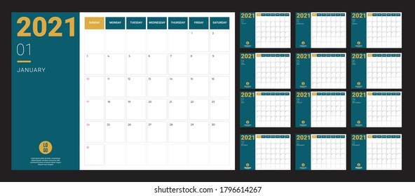 2020 Calendar - illustration. Template. Mock up Week starts Sunday. Vector illustration