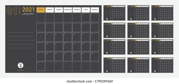 2020 Calendar - illustration. Template. Mock up Week starts Sunday.