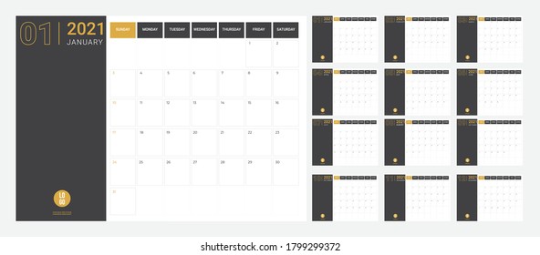2020 Calendar - illustration. Template. Mock up Week starts Sunday.