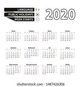 2020 calendar in Irish language, week starts from Sunday. Vector Illustration.