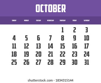 2020 Calendar Isolated on a Background for October