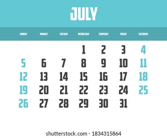 2020 Calendar Isolated on a Background for July