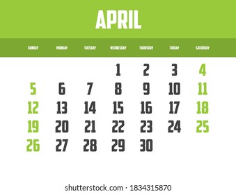 2020 Calendar Isolated on a Background for April