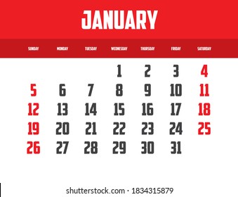 Calendario de 2020 aislado sobre un fondo para enero