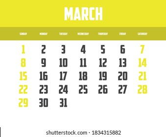2020 Calendar Isolated on a Background for March