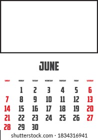 Calendario de 2020 aislado sobre un fondo para junio