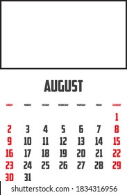 2020 Calendar Isolated on a Background for August