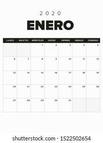 2020 Calendar January, Black and white. Spanish