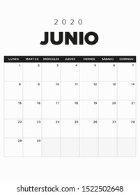 2020 Calendar June , Black and white. Spanish